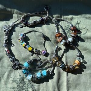 Pandora style jewelry bundle lot of silver charm bracelets Murano glass beads